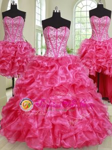 Four Piece Eggplant Purple Sweetheart Lace Up Beading and Ruffles Quince Ball Gowns Sleeveless