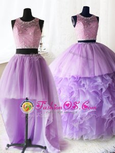 Spectacular Three Piece Scoop Organza and Tulle Sleeveless With Train 15 Quinceanera Dress Brush Train and Beading and Lace and Ruffles