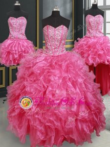 Flirting Four Piece Ball Gowns Quinceanera Dresses Hot Pink Sweetheart Organza Sleeveless Floor Length Lace Up