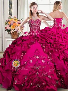 Fuchsia Organza and Taffeta Lace Up Ball Gown Prom Dress Sleeveless Floor Length Beading and Embroidery and Pick Ups