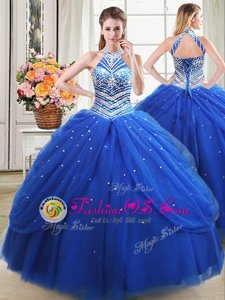 Halter Top Floor Length Lace Up Quinceanera Dress Royal Blue and In for Military Ball and Sweet 16 and Quinceanera with Beading and Pick Ups