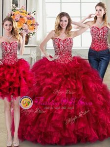 Elegant Three Piece Sweetheart Sleeveless Organza Vestidos de Quinceanera Beading and Ruffles Brush Train Lace Up