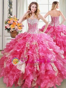 Sequins Sweetheart Sleeveless Lace Up Ball Gown Prom Dress Hot Pink Organza