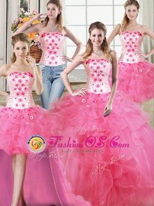 Four Piece Hot Pink Tulle Lace Up Quinceanera Dresses Sleeveless Floor Length Beading and Appliques and Ruffles