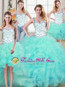 Glorious Four Piece Straps Floor Length Ball Gowns Sleeveless Aqua Blue Vestidos de Quinceanera Lace Up