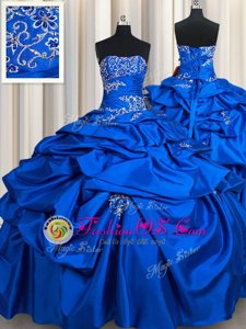 Clearance Royal Blue Ball Gowns Taffeta Strapless Sleeveless Beading and Pick Ups Floor Length Lace Up Quince Ball Gowns
