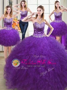 Best Four Piece Eggplant Purple Sweetheart Neckline Beading and Ruffles 15 Quinceanera Dress Sleeveless Lace Up