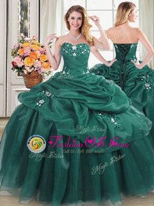 Classical Floor Length Lace Up Sweet 16 Dress Dark Green and In for Military Ball and Sweet 16 and Quinceanera with Beading and Appliques and Pick Ups