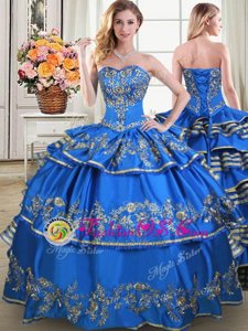 Fabulous Sleeveless Taffeta Floor Length Lace Up 15 Quinceanera Dress in Blue for with Beading and Embroidery and Ruffled Layers