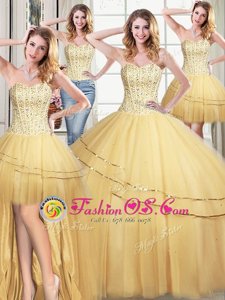 Four Piece Gold Tulle Lace Up Sweetheart Sleeveless Floor Length Sweet 16 Dress Beading and Sequins