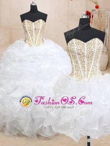 Three Piece White Sleeveless Floor Length Beading and Ruffles Lace Up Sweet 16 Dress
