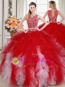 Beautiful Scoop Floor Length White and Red Sweet 16 Dress Tulle Sleeveless Beading and Ruffles
