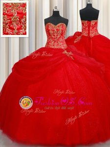 Red Lace Up 15 Quinceanera Dress Beading and Pick Ups Sleeveless Floor Length