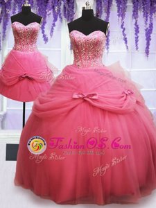 Three Piece Rose Pink Sleeveless Beading and Bowknot Floor Length Sweet 16 Quinceanera Dress