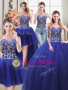 Perfect Four Piece Floor Length Royal Blue 15 Quinceanera Dress Tulle Sleeveless Beading