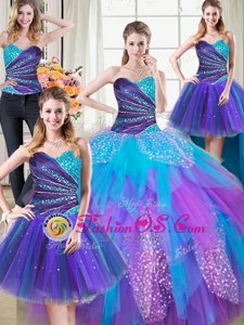 Admirable Four Piece Multi-color Ball Gowns Sweetheart Sleeveless Tulle Floor Length Lace Up Beading and Ruffles Quinceanera Gown