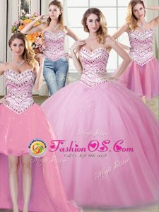 Four Piece Floor Length Rose Pink Vestidos de Quinceanera Sweetheart Sleeveless Lace Up