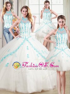 High End Four Piece Halter Top Floor Length Lace Up Sweet 16 Dress White and In for Military Ball and Sweet 16 and Quinceanera with Beading and Appliques