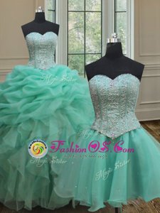 Hot Sale Three Piece Sleeveless Floor Length Beading and Ruffles and Pick Ups Lace Up Ball Gown Prom Dress with Turquoise