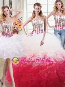 Perfect Three Piece White and Red High-neck Neckline Beading and Ruffles 15 Quinceanera Dress Sleeveless Lace Up
