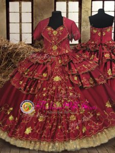 Hot Sale Floor Length Lace Up Quinceanera Gowns Wine Red and In for Military Ball and Sweet 16 and Quinceanera with Beading and Embroidery and Ruffled Layers