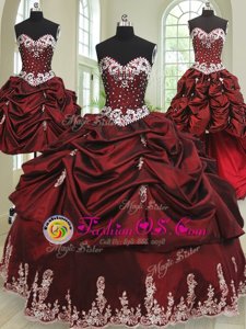 Delicate Four Piece Wine Red Ball Gowns Sweetheart Sleeveless Taffeta Floor Length Lace Up Beading and Appliques and Pick Ups Quinceanera Dress