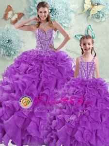 Elegant Eggplant Purple 15 Quinceanera Dress Military Ball and Sweet 16 and Quinceanera and For with Beading and Ruffles Sweetheart Sleeveless Brush Train Lace Up