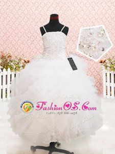 Strapless Sleeveless Flower Girl Dresses for Less Floor Length Beading and Lace and Ruffles White Organza