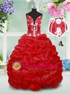Excellent Red Spaghetti Straps Neckline Beading and Pick Ups and Hand Made Flower Flower Girl Dresses Sleeveless Lace Up