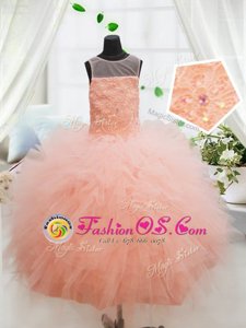 Scoop Peach Sleeveless Floor Length Beading and Lace and Ruffles Zipper Kids Formal Wear