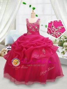 Edgy Hot Pink Toddler Flower Girl Dress Quinceanera and Wedding Party and For with Beading and Pick Ups Square Sleeveless Zipper