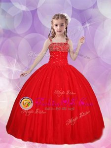 Straps Floor Length Red Little Girls Pageant Gowns Tulle Sleeveless Beading