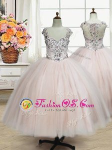 Dazzling Straps Cap Sleeves Floor Length Beading Zipper Flower Girl Dress with Pink