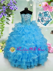 Extravagant Strapless Sleeveless Organza Flower Girl Dresses Beading and Ruffled Layers and Sequins Lace Up