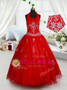Halter Top Red Organza Lace Up Flower Girl Dress Sleeveless Floor Length Beading and Appliques