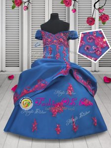 Gorgeous Blue Little Girl Pageant Gowns Quinceanera and Wedding Party and For with Beading and Appliques and Pick Ups Off The Shoulder Sleeveless Lace Up