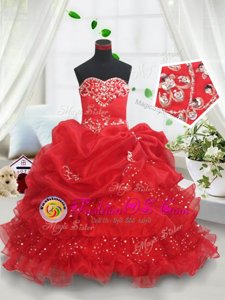 Lovely Red Lace Up Girls Pageant Dresses Beading and Ruffled Layers and Sequins and Pick Ups Sleeveless Floor Length