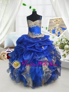Exceptional Blue and Champagne Lace Up Flower Girl Dresses for Less Beading and Ruffles and Pick Ups Sleeveless Floor Length