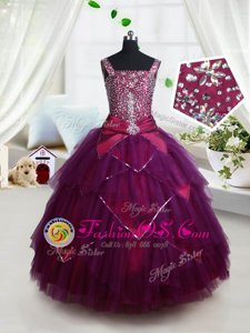 Attractive Square Dark Purple Ball Gowns Beading and Ruffles and Belt Little Girls Pageant Dress Wholesale Lace Up Tulle Sleeveless Floor Length