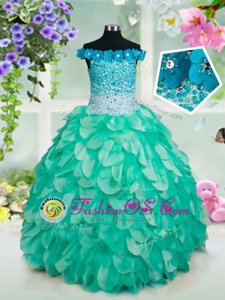 Ideal Off the Shoulder Turquoise Sleeveless Organza Lace Up Toddler Flower Girl Dress for Quinceanera and Wedding Party