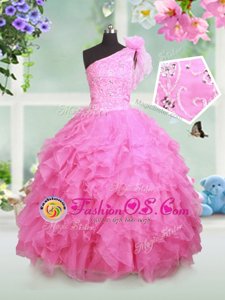 Exceptional One Shoulder Sleeveless Organza Little Girls Pageant Dress Wholesale Beading and Ruffles and Hand Made Flower Lace Up