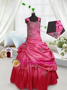 Straps Taffeta Sleeveless Floor Length Kids Pageant Dress and Beading and Appliques and Pick Ups