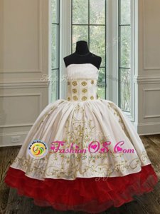 Superior White and Red Organza and Taffeta Lace Up Little Girls Pageant Dress Wholesale Sleeveless Floor Length Ruffled Layers