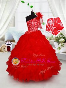 One Shoulder Floor Length Ball Gowns Sleeveless Red Kids Formal Wear Lace Up