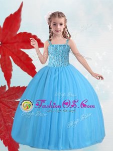 New Arrival Straps Baby Blue Ball Gowns Beading Flower Girl Dresses Lace Up Taffeta and Tulle Sleeveless Floor Length