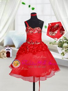 Fashion One Shoulder Sleeveless Organza Mini Length Lace Up Little Girls Pageant Dress in Red for with Sequins and Hand Made Flower