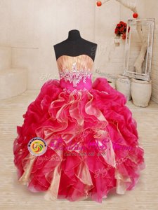 Floor Length Lace Up Flower Girl Dresses Red and In for Quinceanera and Wedding Party with Beading and Ruffles