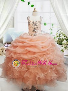 Straps Sleeveless Floor Length Beading and Ruffles and Pick Ups Zipper Kids Pageant Dress with Orange