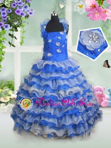 Elegant Blue And White Organza Lace Up Halter Top Sleeveless Floor Length Toddler Flower Girl Dress Beading and Appliques and Ruffled Layers