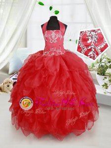 Smart Halter Top Sleeveless Floor Length Beading and Ruffles Lace Up Flower Girl Dress with Red
